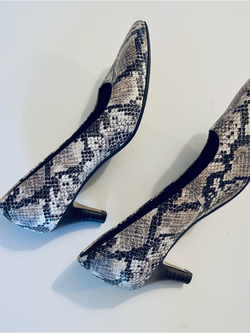 Clarks Snake-Print Mid Heel Pumps in Black and White
